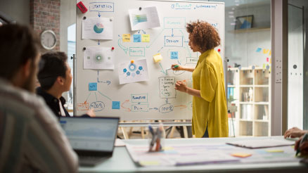 A woman stands in front of a whiteboard with notes on it.